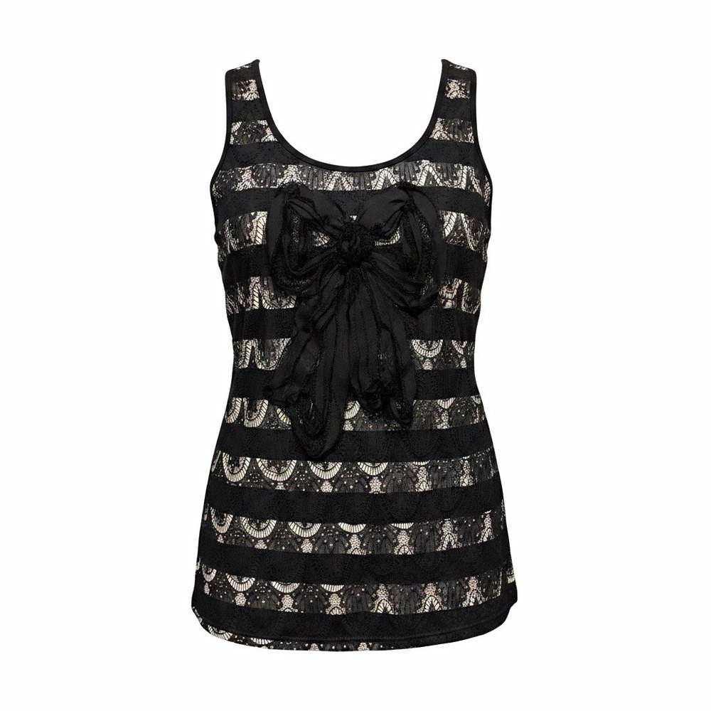 WHBM womens black lace striped tank top sleeveless scoop neck wide strap bow